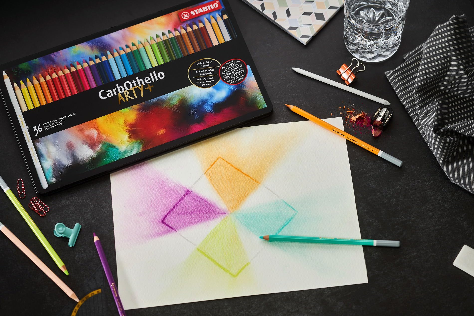 STABILO - CarbOthello - Chalk-Pastel Pencil - ARTY+ - Tin of 48 - Assorted colors with Sharpener, Kneaded Eraser and Blending Stump - Image 5